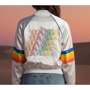 Vintage Style Coachella Womens White Bomber Jacket Rainbow Sleeves XS